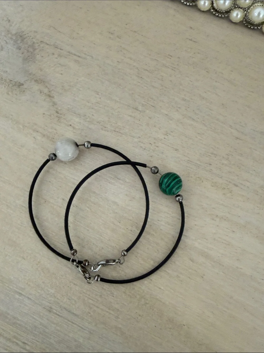 Women’s Black Cord Bracelet with Green and White Stone Beads